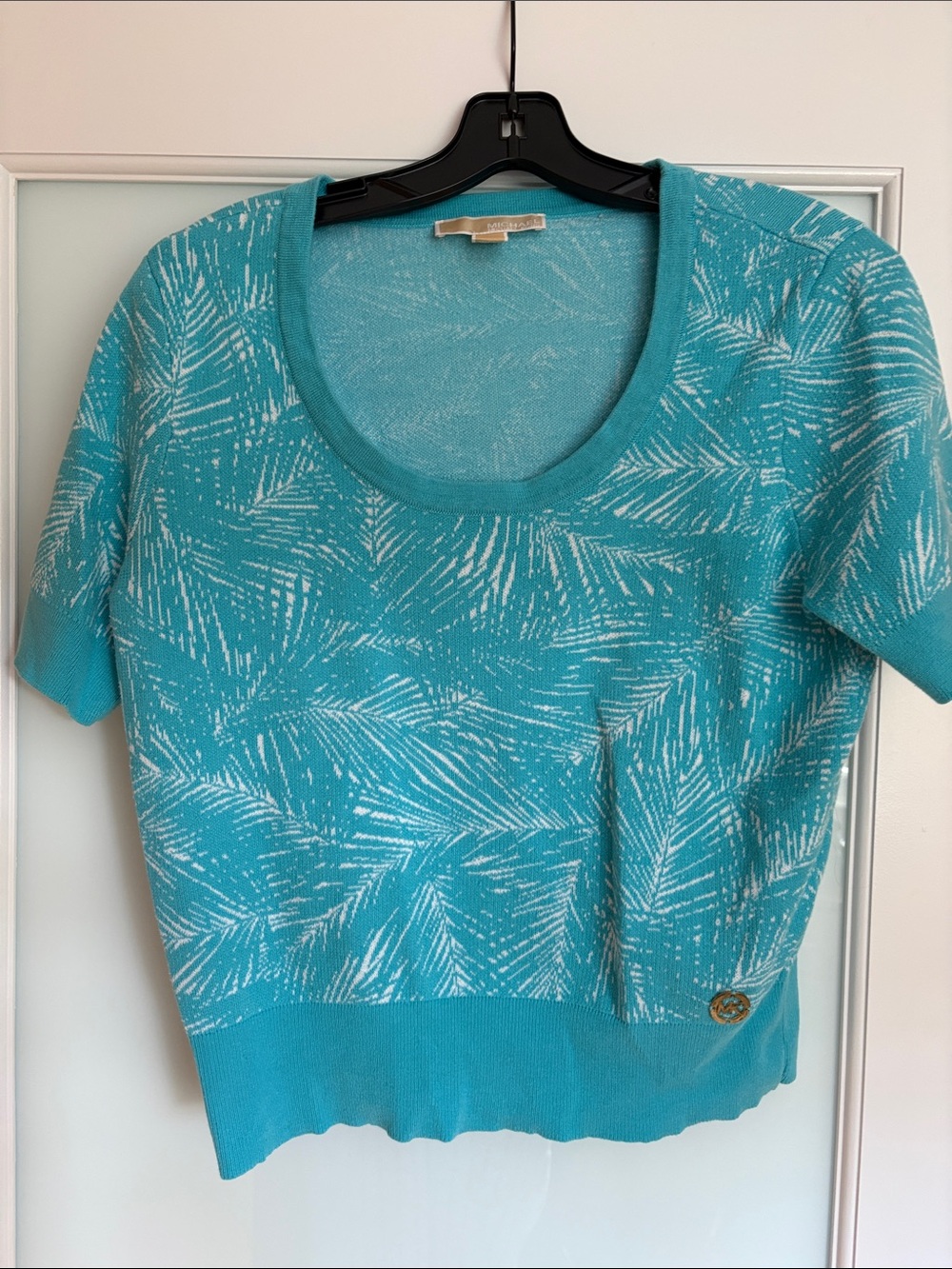 MICHAEL Michael Kors Turquoise Short-Sleeve Palm-Print Knit Top